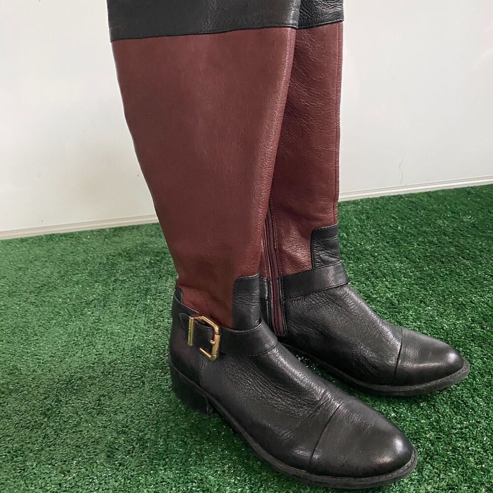 Vince Camuto Leisha Cognac Black Leather Knee High Riding Boots Women 7 low heel